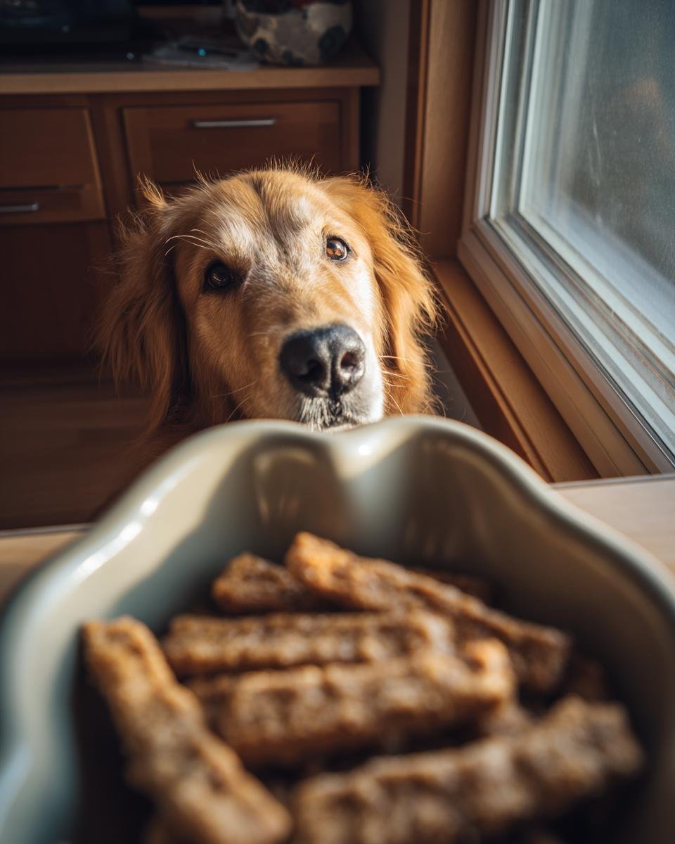 A golden retriever dog looking intently at a bowl of Lamb Oatmeal Gentle Sticks Jerky treats.