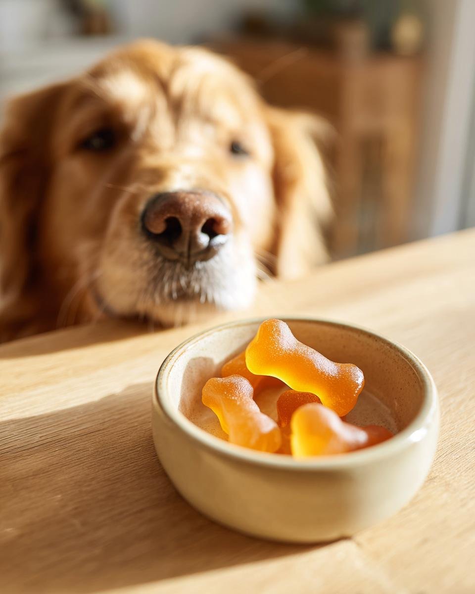 A golden retriever looks intently at a small bowl of orange, bone-shaped Liver Support Bone Broth Gummy Bones on a wooden table.
