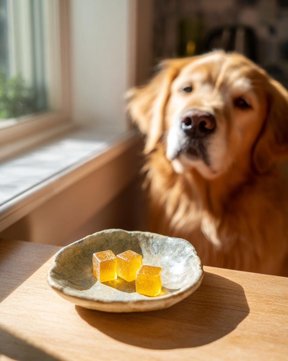 Three yellow Natural Detox Bone Broth Gummies for Dogs sit on a small dish while a Golden Retriever looks on.