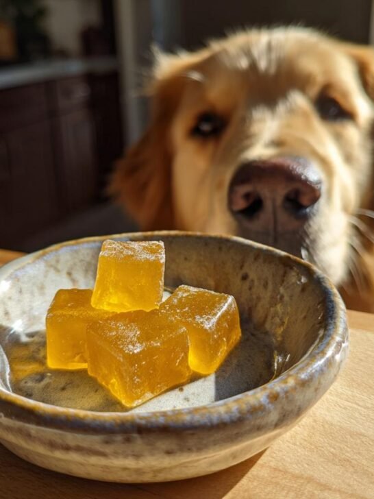 A golden retriever looks intently at a small bowl containing yellow Natural Detox Bone Broth Gummies for Dogs.