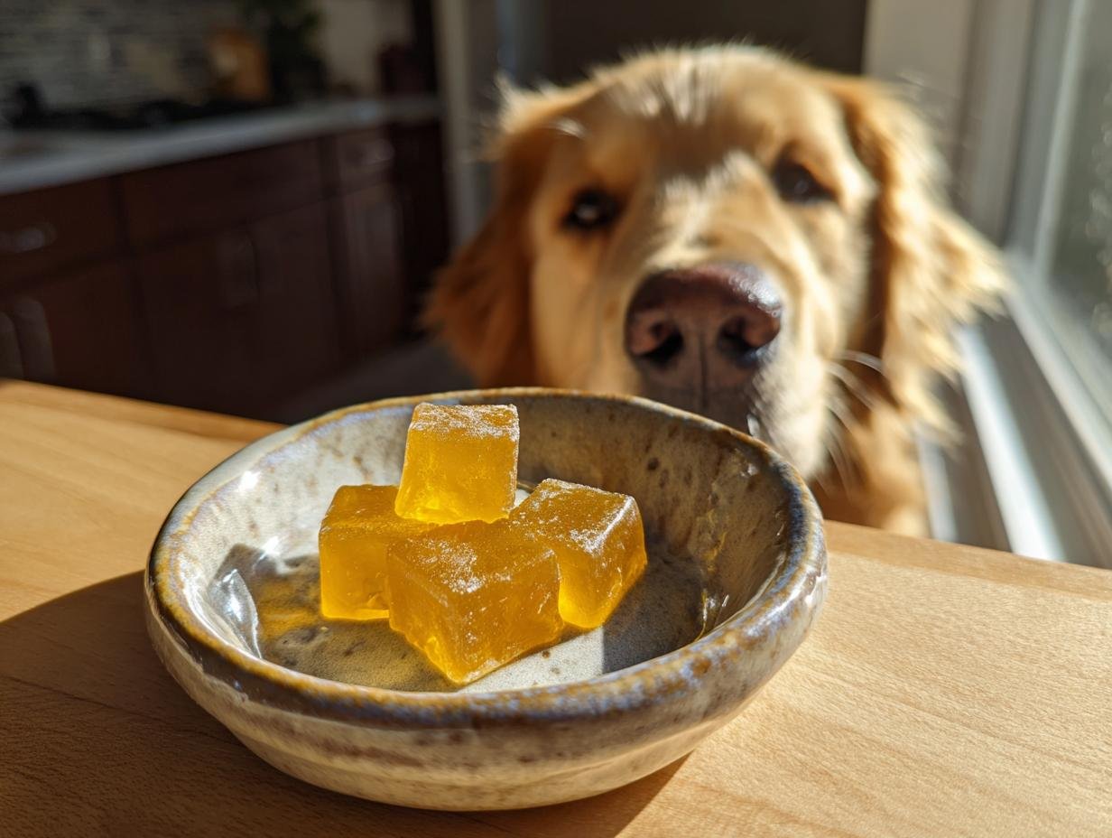 A golden retriever looks intently at a small bowl containing yellow Natural Detox Bone Broth Gummies for Dogs.