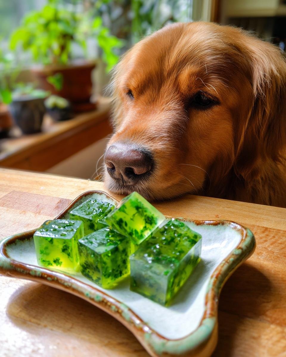 A golden retriever looks intently at a small plate of green Parsley Bone Broth Fresh Breath Gummies for dogs.