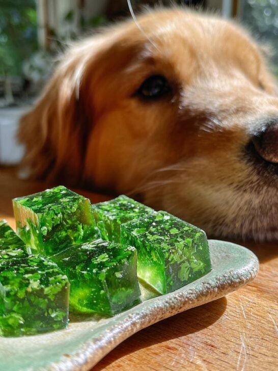 A golden retriever looks intently at green, parsley-filled gummies on a small dish, hoping for a treat.
