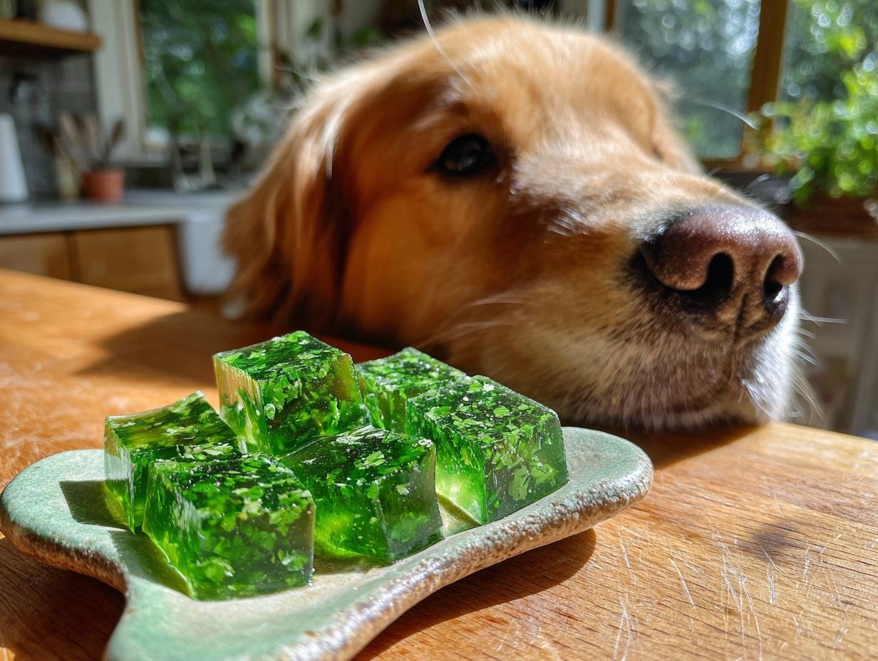 A golden retriever looks intently at green, parsley-filled gummies on a small dish, hoping for a treat.
