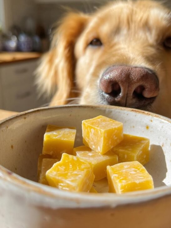 A golden retriever looks intently at a bowl of yellow Post-Workout Bone Broth Recovery Gummies.