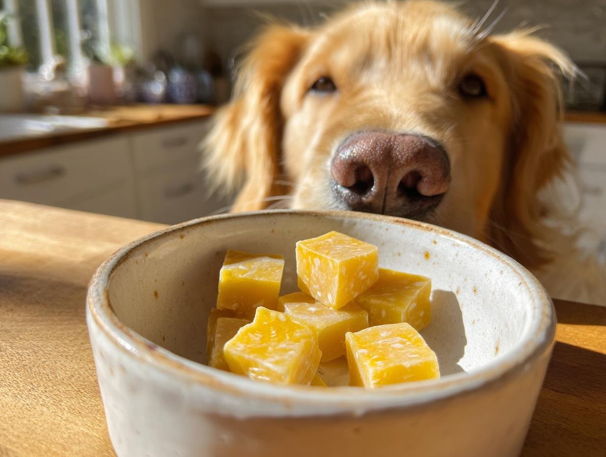 A golden retriever looks intently at a bowl of yellow Post-Workout Bone Broth Recovery Gummies.