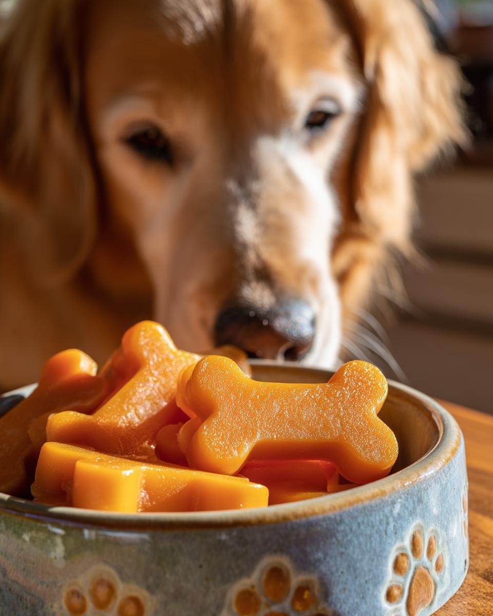 A golden retriever looks intently at a bowl filled with orange, bone-shaped Pumpkin Carrot Bone Broth Gummy Bones for dogs.