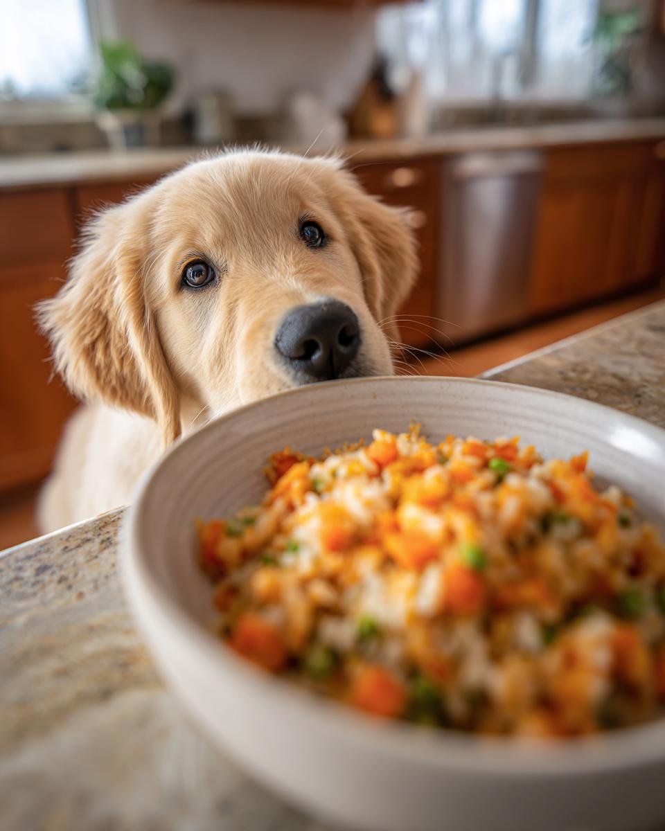 A cute Golden Retriever puppy looking intently at a bowl of rabbit and carrot dinner.