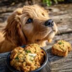 A cute Golden Retriever puppy looks longingly at a bowl of Rabbit and Parsley Soft Jerky.