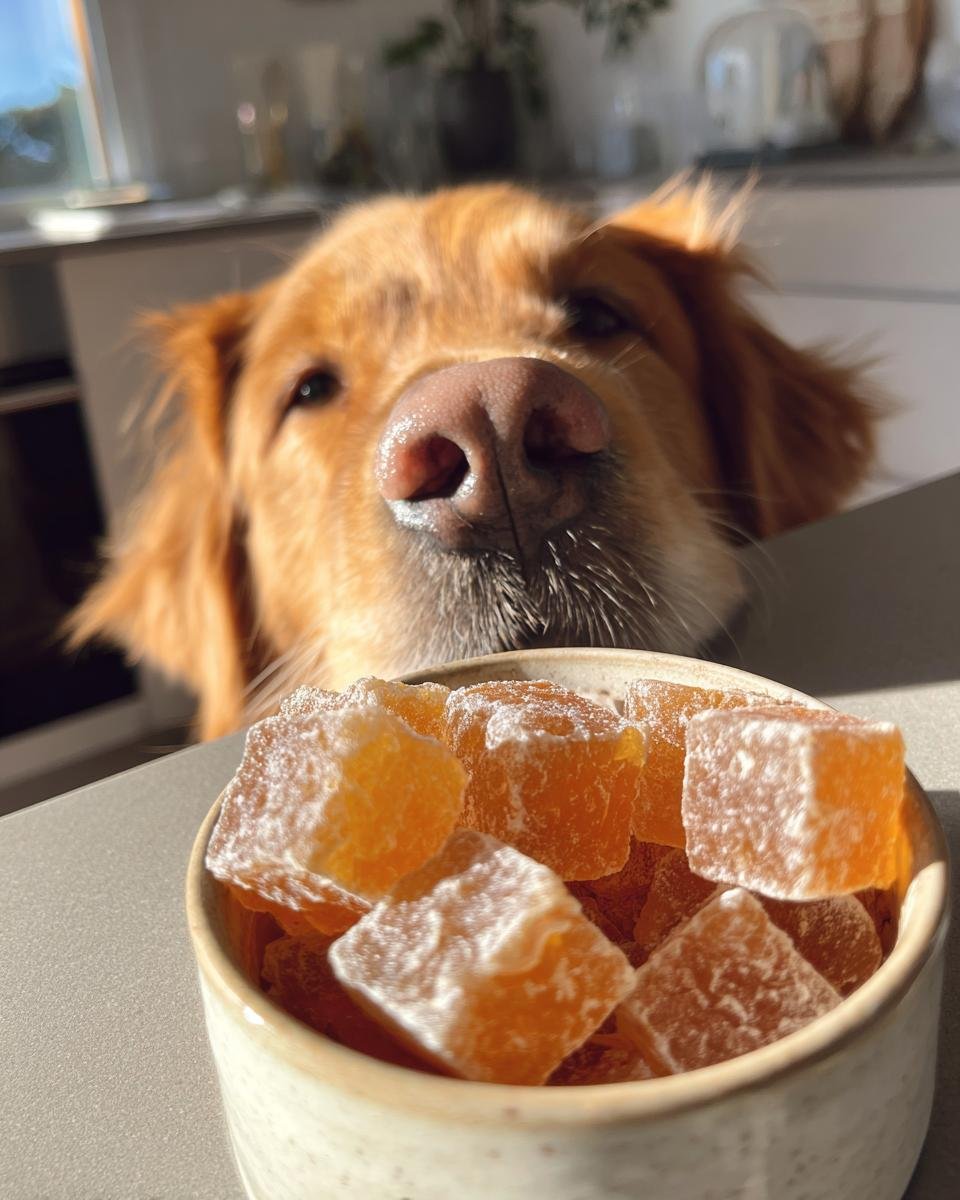 A curious Golden Retriever looks down at a small bowl filled with orange Raw-Friendly Bone Broth Gummy Treats for dogs.