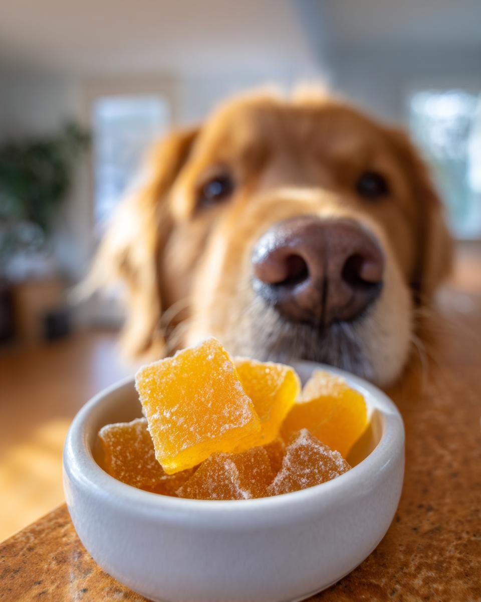 A golden retriever curiously sniffs a small white bowl filled with orange Anti-Inflammatory Bone Broth Gummies for Dogs.