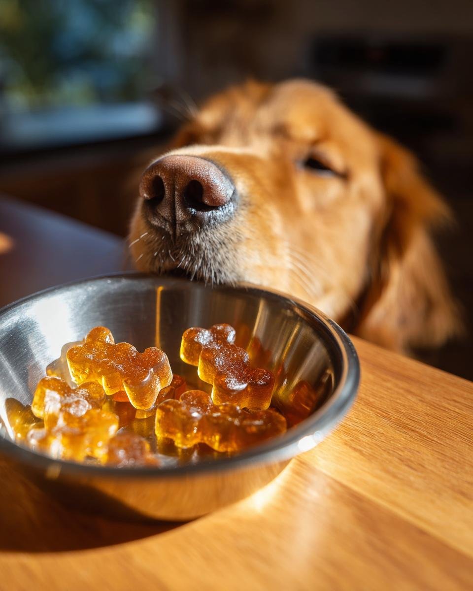 A golden retriever's nose is close to a metal bowl filled with amber-colored Winter Comfort Bone Broth Gummy Bones for dogs.