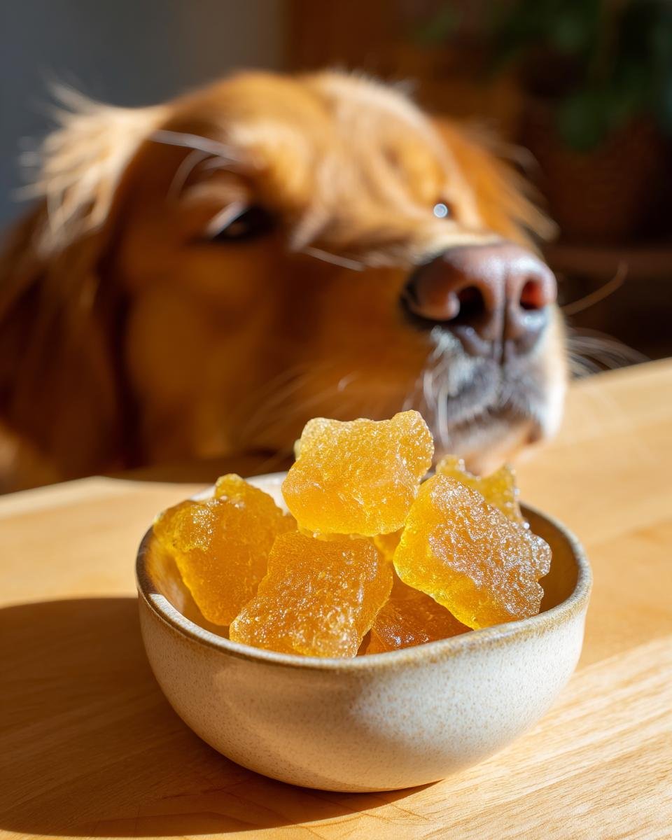 A golden retriever eagerly smells a small bowl of yellow Ginger Bone Broth Tummy-Soothing Gummies for dogs.