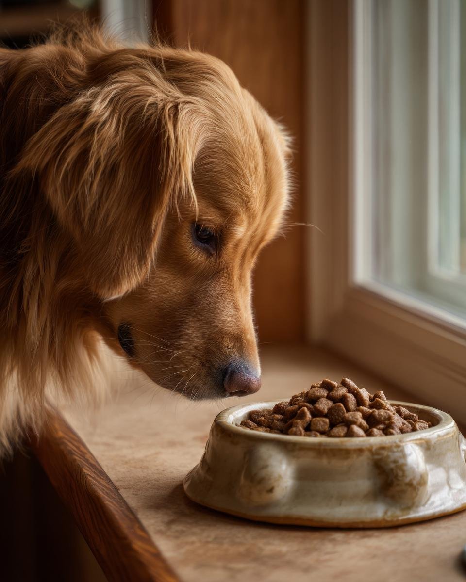 A golden retriever dog intently smells a bowl of Homemade Beef and Rice Everyday Crunch Kibble.