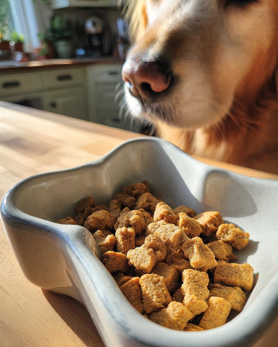 A close-up of a bowl filled with Homemade Chicken and Pea High Fiber Kibble, with a Golden Retriever's nose sniffing above it.