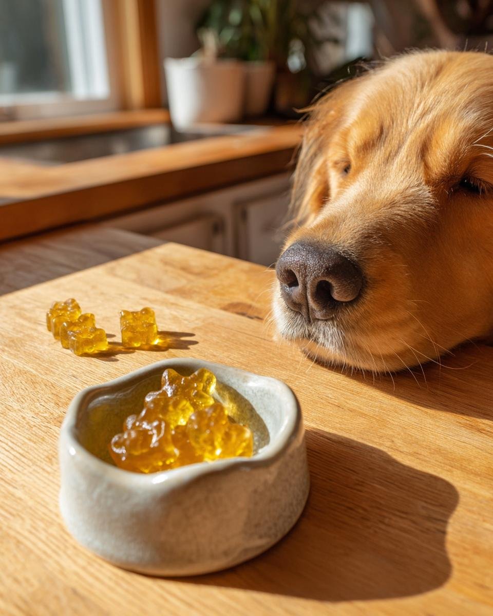 A curious Golden Retriever sniffs at a small bowl of amber-colored Natural Joint Care Bone Broth Gummies for Dogs.