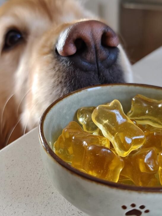 A Golden Retriever eagerly smells a bowl of yellow, bone-shaped Omega Boost Bone Broth Gummy Treats.
