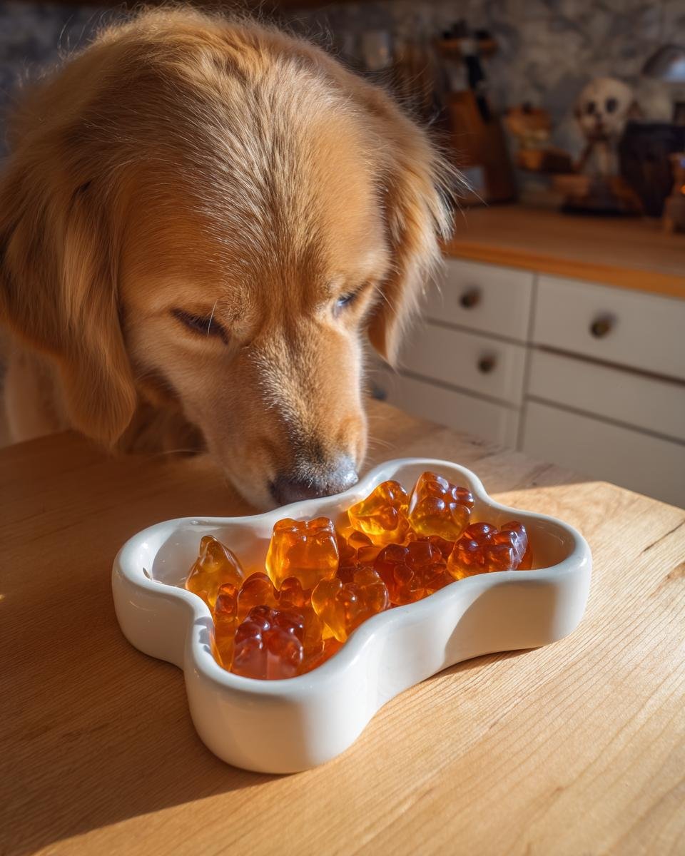 A golden retriever eagerly sniffs a bone-shaped dish filled with amber-colored Turkey Bone Broth Calming Gummies for Dogs.