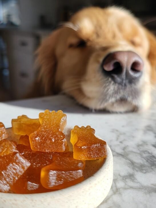 A golden retriever curiously sniffs at a small bowl of amber-colored Stress Relief Bone Broth Gummies for Dogs.