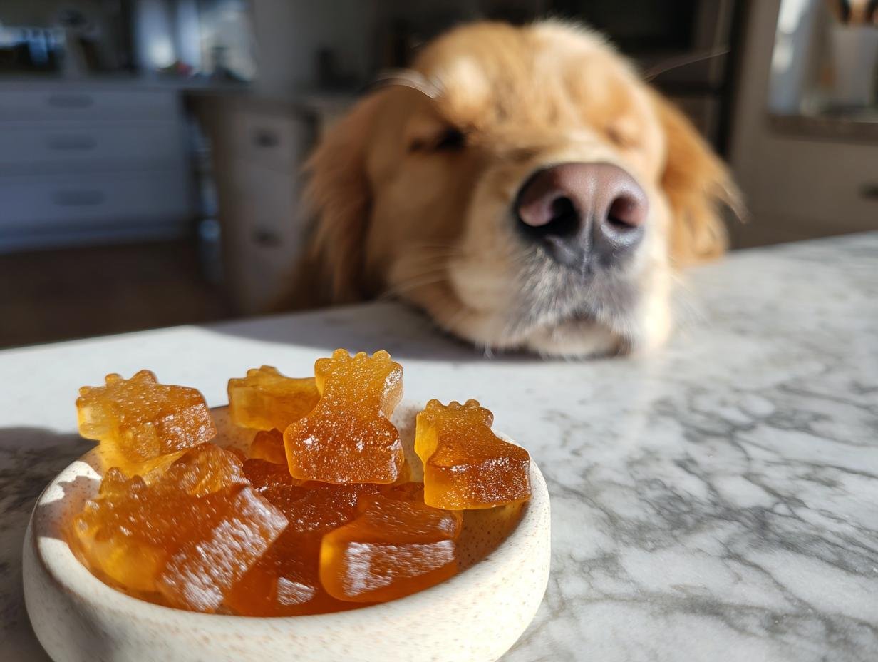 A golden retriever curiously sniffs at a small bowl of amber-colored Stress Relief Bone Broth Gummies for Dogs.