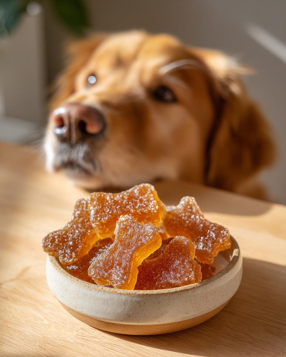 A bowl of bone-shaped Superfood Bone Broth Gummy Bones for Dogs with a focused Golden Retriever in the background.