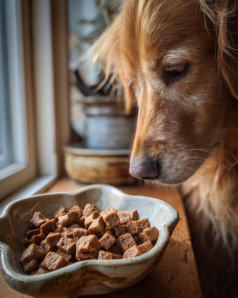 A golden retriever leans down to sniff a bowl full of Homemade Beef and Rice Everyday Crunch Kibble.