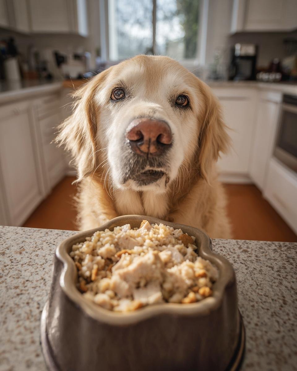 A golden retriever eagerly looks at a bowl of turkey and barley digestive meal, ready for comfort food.