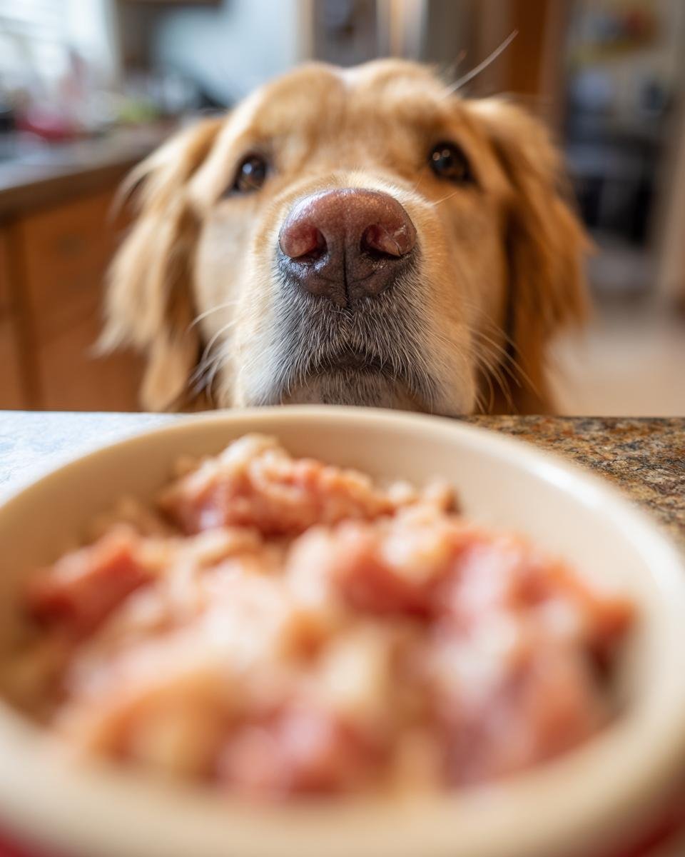 A Golden Retriever dog's nose and face are in focus as it looks down at a bowl of Turkey and Barley Digestive Meal.