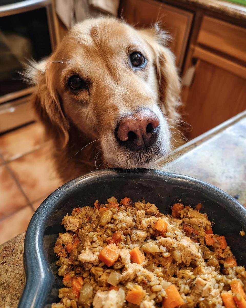 A golden retriever looking intently at a bowl of Turkey and Barley Digestive Meal for Stomach Comfort.