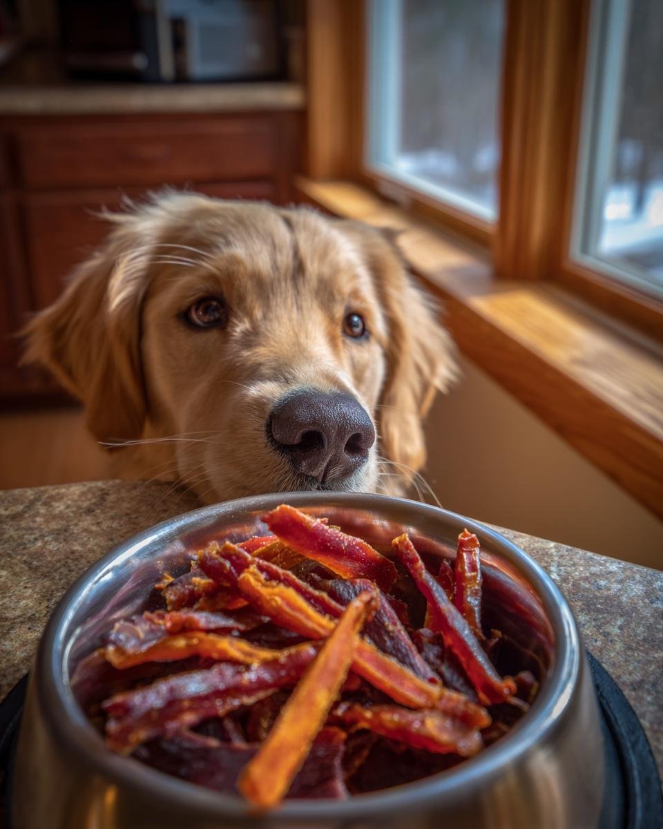 A golden retriever looks longingly at a bowl filled with Turkey Blueberry Morning Jerky.