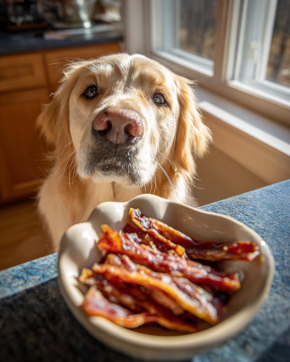 A golden retriever dog looks longingly at a bowl of Turkey Blueberry Morning Jerky.
