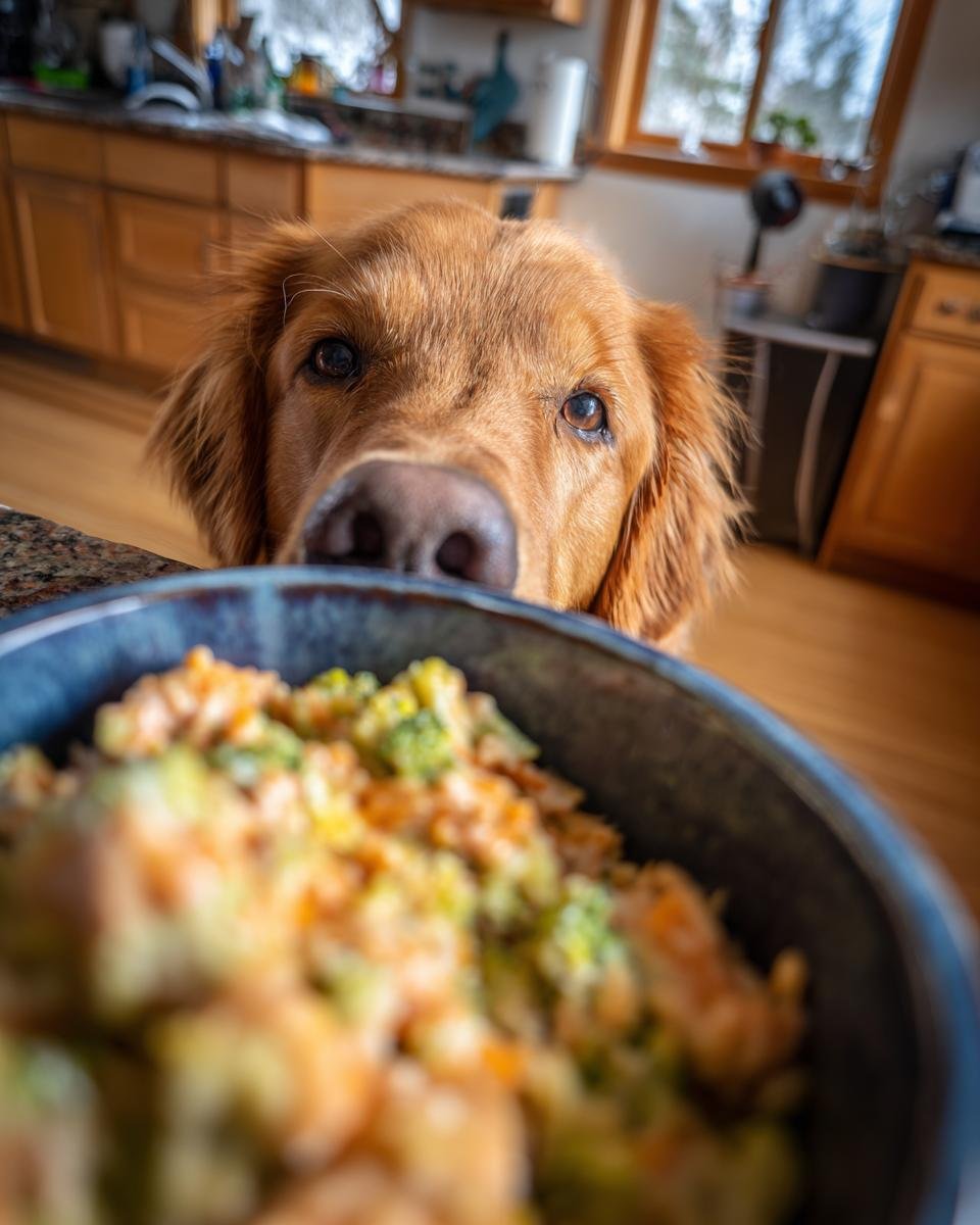 A golden retriever dog eagerly looks over a bowl of turkey and broccoli fitness bowl for active dogs.