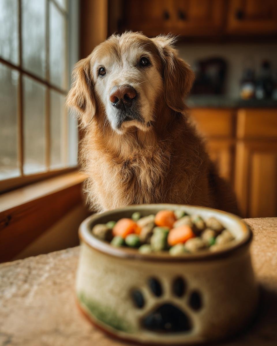A golden retriever looks intently at a bowl of Homemade Turkey and Oatmeal Daily Nutrition Kibble.