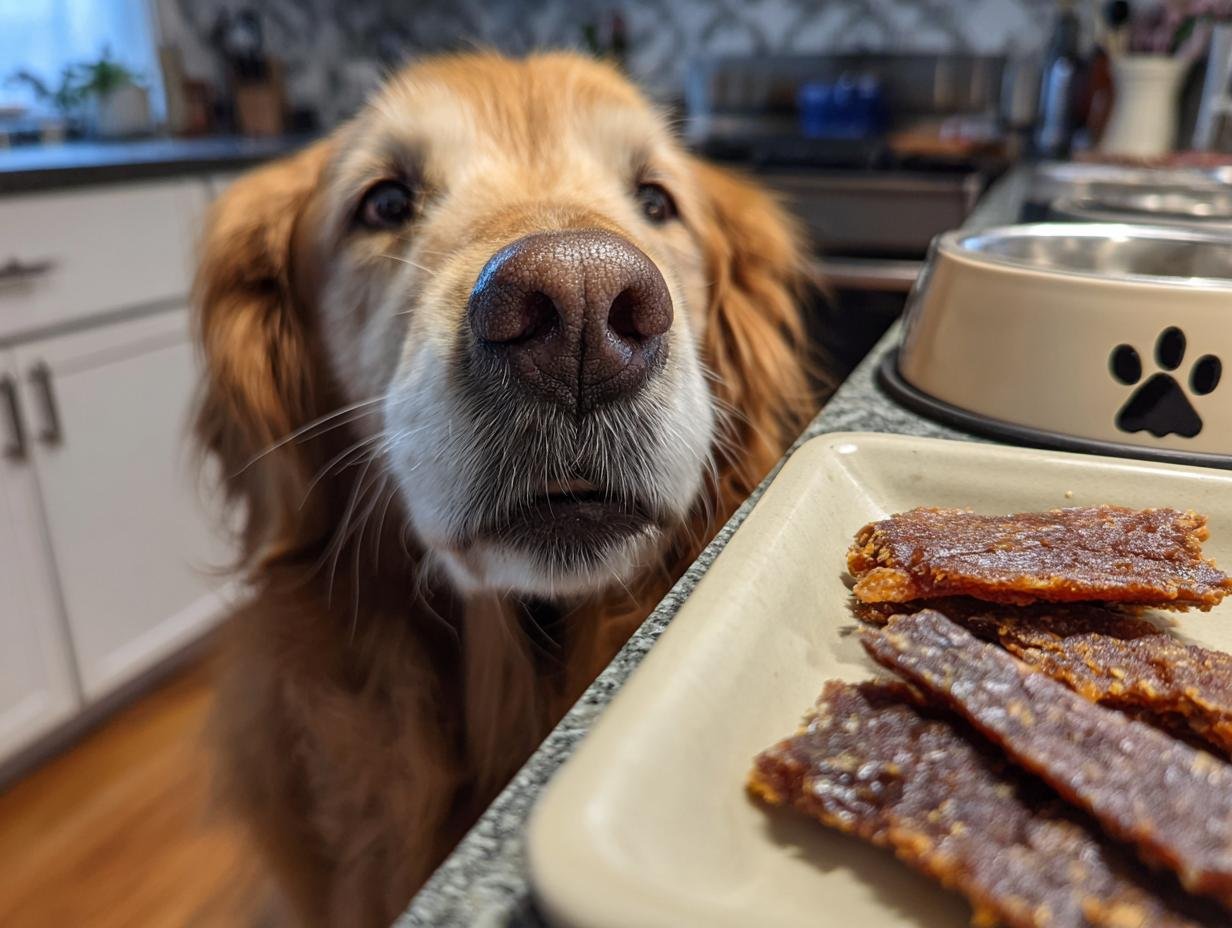 A golden retriever dog eagerly looks at a plate of homemade Turkey and Rice Gentle Jerky.