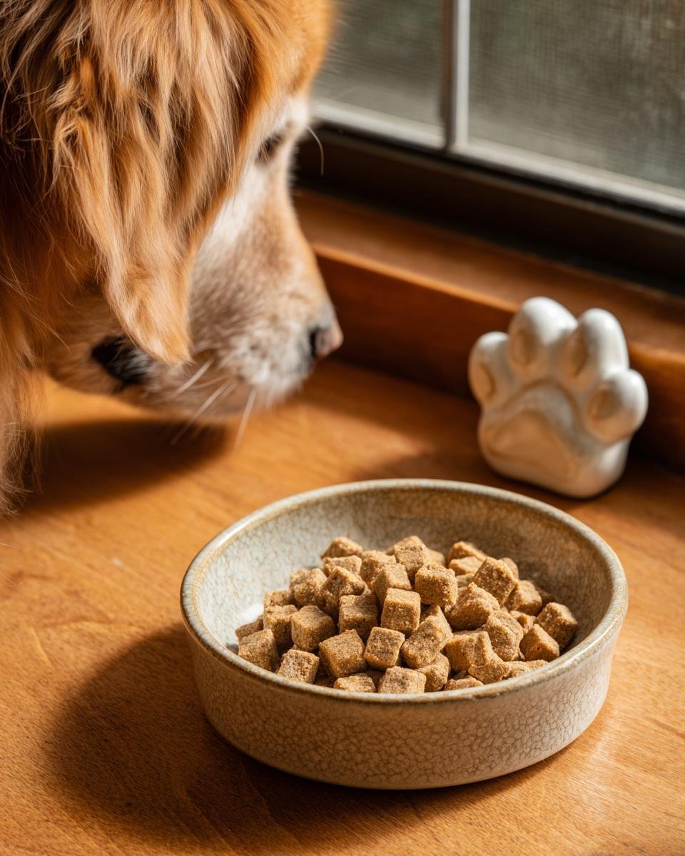 A golden retriever looks intently at a bowl filled with Homemade Turkey and Spinach Lean Muscle Kibble.