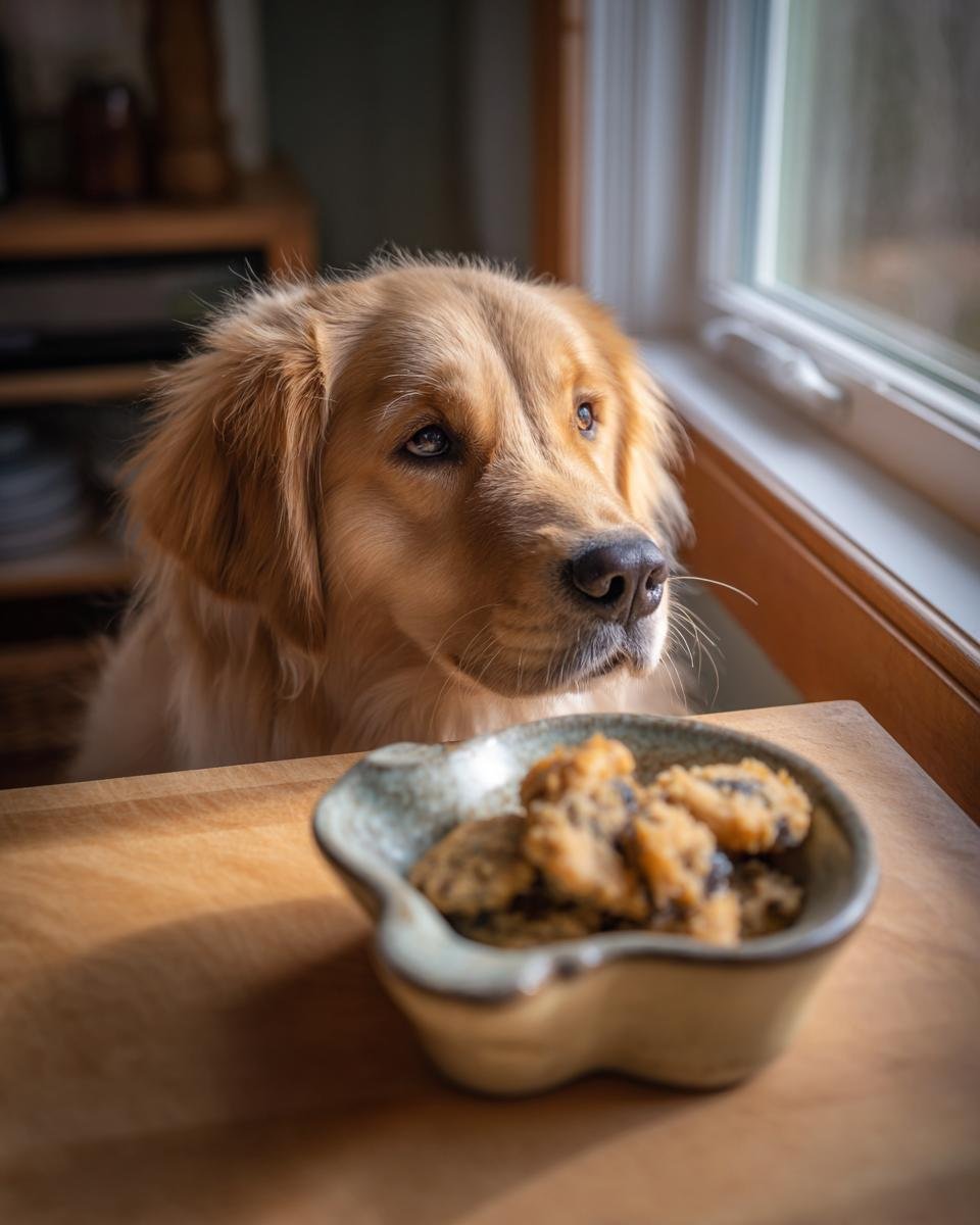 Golden Retriever patiently waiting near a bowl of treats, likely Aloe & Bone Broth Skin Support Gummies for Dogs.
