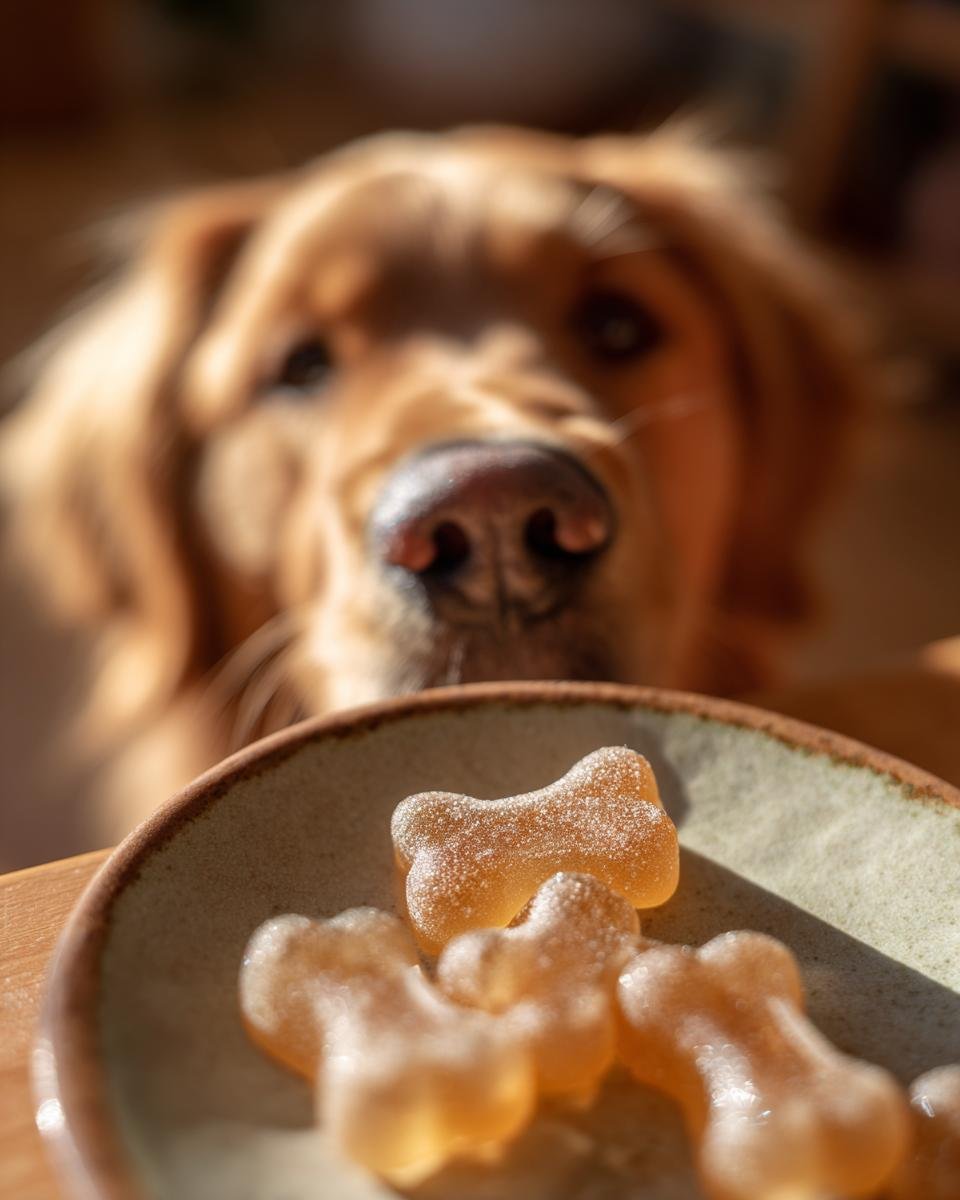 Bone-shaped gummies on a plate with a curious Golden Retriever looking closely in the background, related to Weight Control Bone Broth Low-Cal Gummies for Dogs.