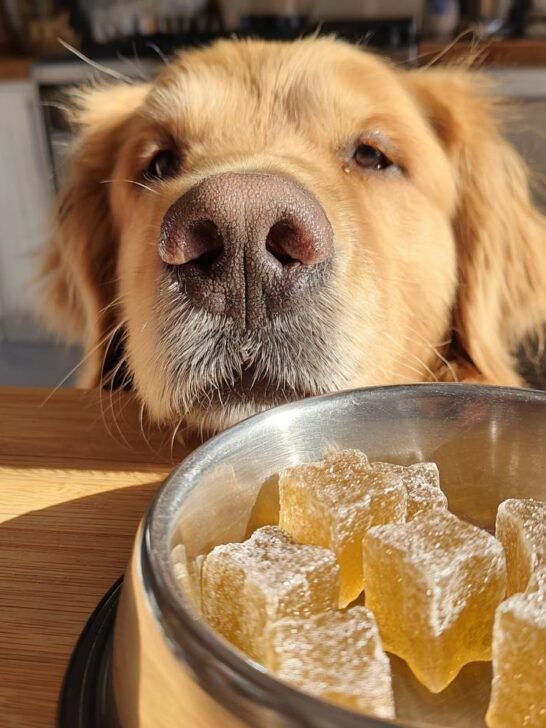 A curious Golden Retriever peering over a counter at a bowl of Winter Comfort Bone Broth Gummy Bones for dogs.