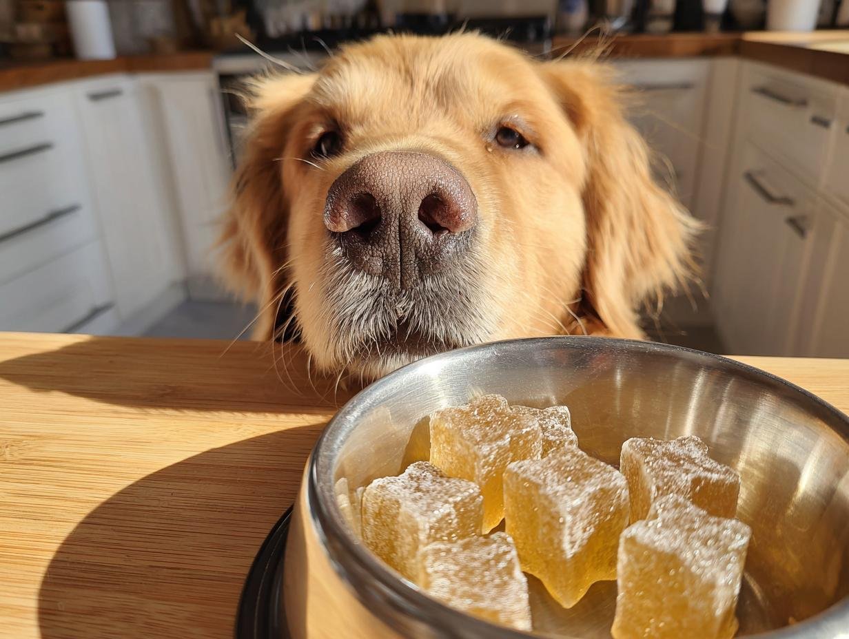 A curious Golden Retriever peering over a counter at a bowl of Winter Comfort Bone Broth Gummy Bones for dogs.