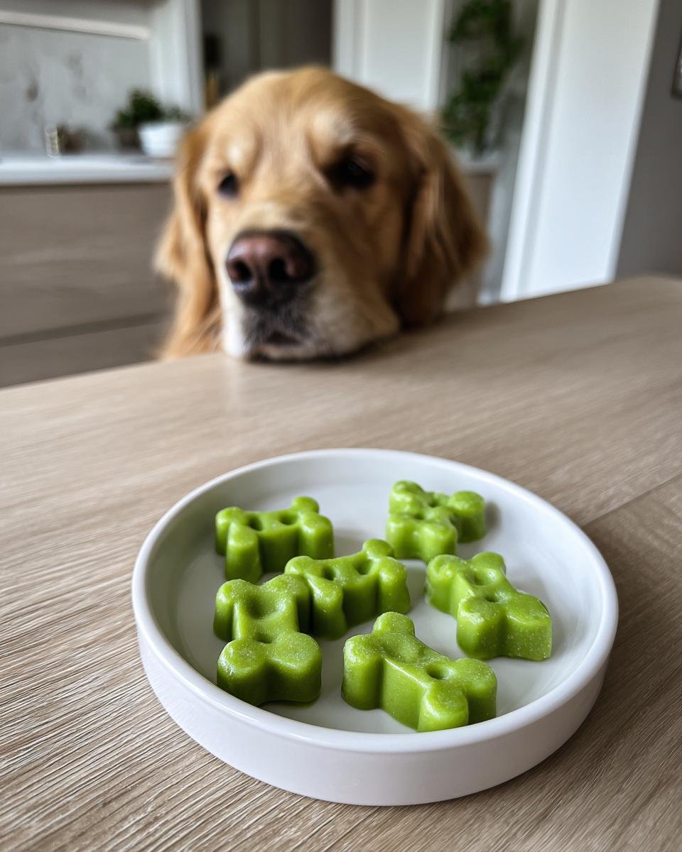 A golden retriever looks eagerly at a white dish holding several bright green Zucchini Bone Broth Soft Gummy Bones.