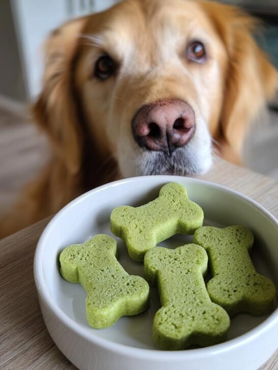 A golden retriever looks intently at a bowl of green, bone-shaped Zucchini Bone Broth Soft Gummy Bones.