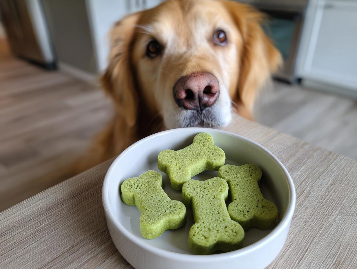A golden retriever looks intently at a bowl of green, bone-shaped Zucchini Bone Broth Soft Gummy Bones.
