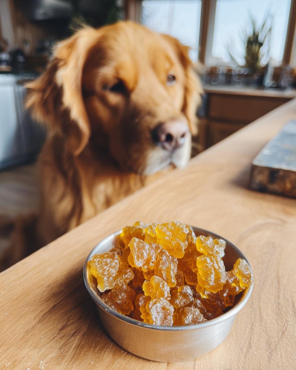 A golden retriever looks eagerly at a small metal bowl filled with amber-colored Senior Dog Bone Broth Soft Gummies.