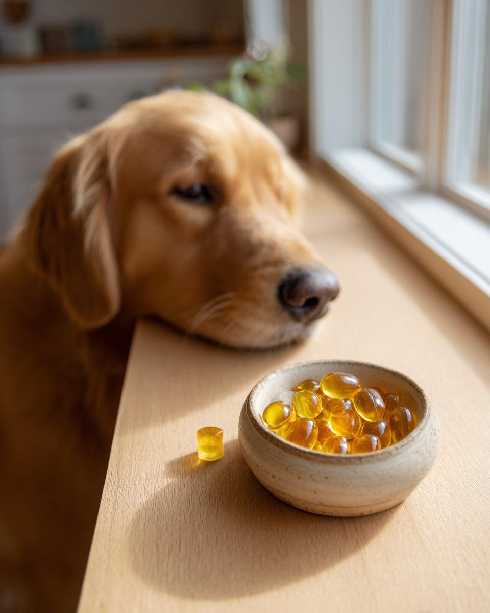 A golden retriever looks longingly at a small bowl of Golden Turmeric Bone Broth Gummies for Dogs.