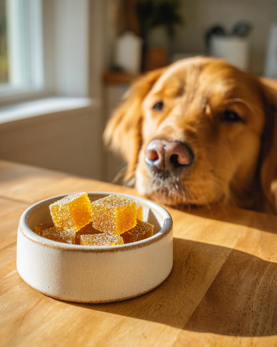 A bowl of golden turmeric bone broth gummies for dogs sits on a wooden table while a golden retriever looks on eagerly.