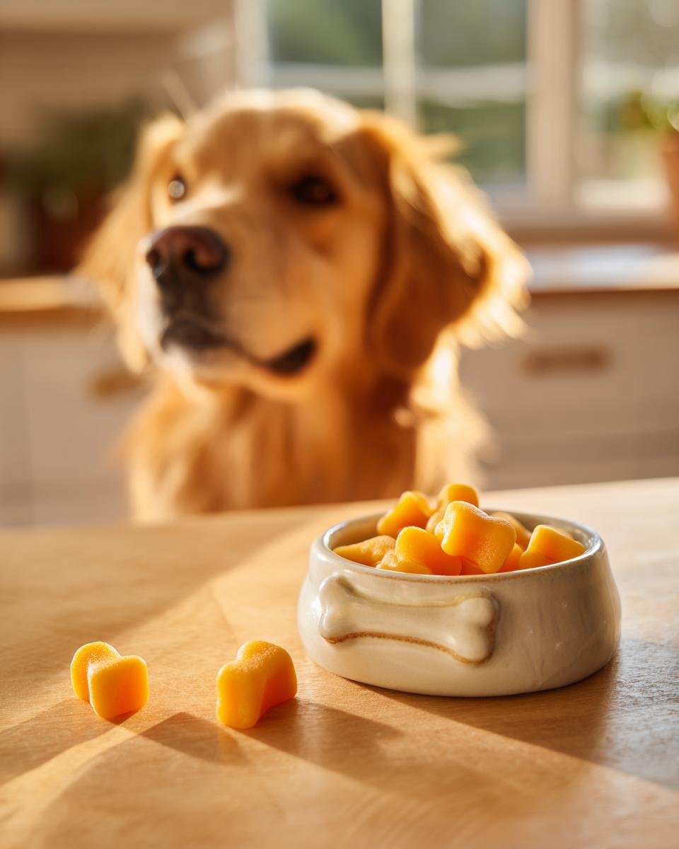 A golden retriever looks eagerly at a bowl of bright yellow Golden Turmeric Bone Broth Gummies for Dogs.