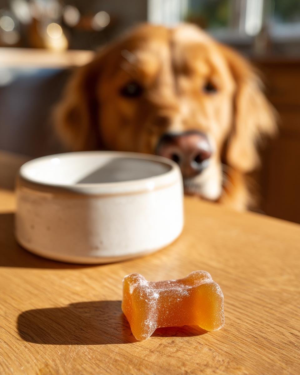 A single amber-colored, bone-shaped Grain-Free Bone Broth Gummy Bone sits on a wooden table, with a golden retriever looking on.