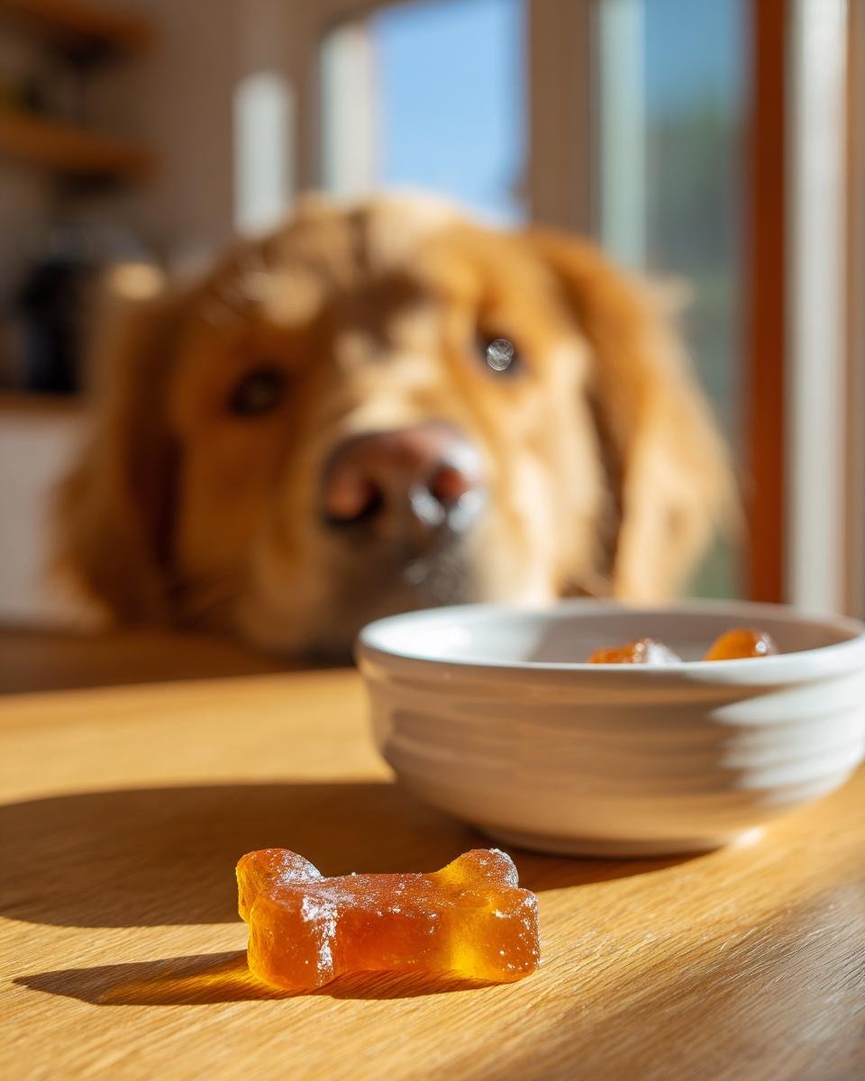 A close-up of a single, amber-colored Grain-Free Bone Broth Gummy Bone for dogs on a wooden table, with a golden retriever looking intently in the background.