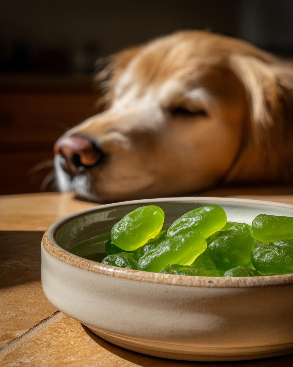 A bowl of bright green Green Bean Bone Broth Low-Fat Gummies for Dogs with a golden retriever resting in the background.