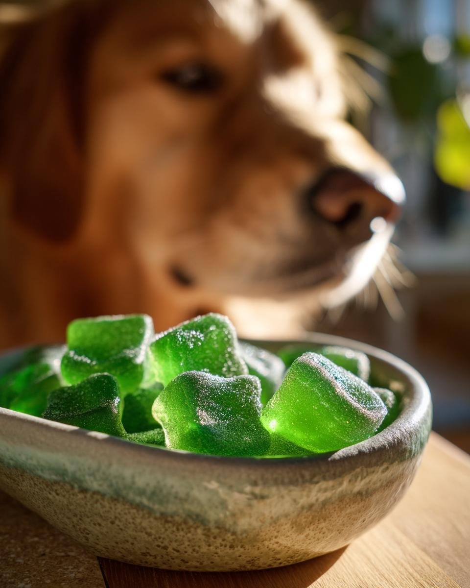 A bowl of bright green Green Bean Bone Broth Low-Fat Gummies for Dogs with a golden retriever looking on in the background.